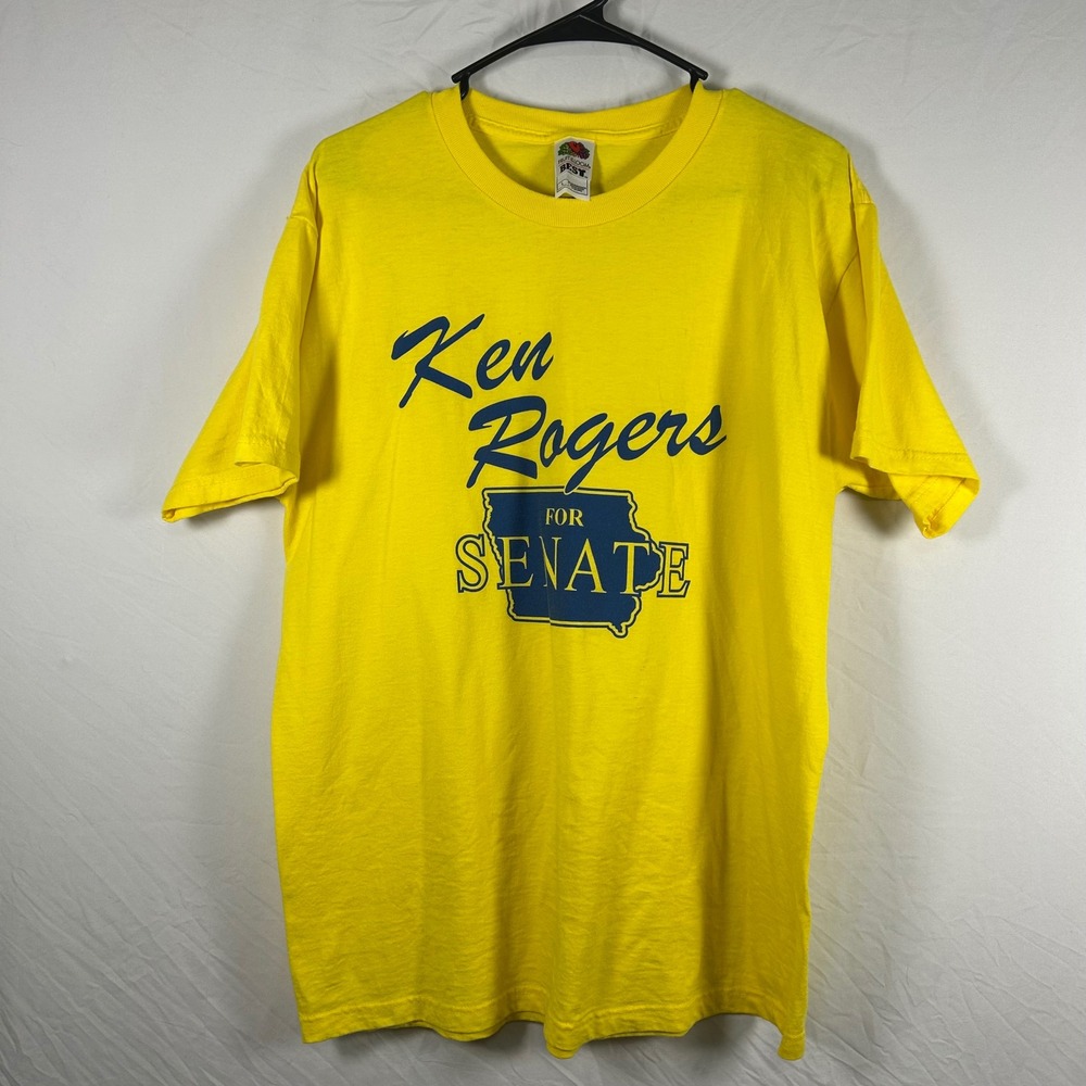 Fruit of the Loom T-Shirt Men Large Yellow Vintage Ken Rogers for Iowa Senate